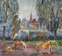 Horses under the rain, watercolour